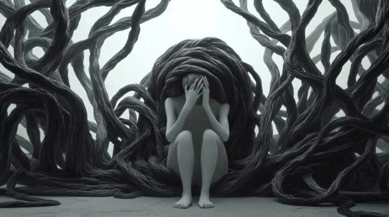 A woman in a vulnerable posture surrounded by dense, twisted roots, evoking feelings of entrapment and emotional turmoil.