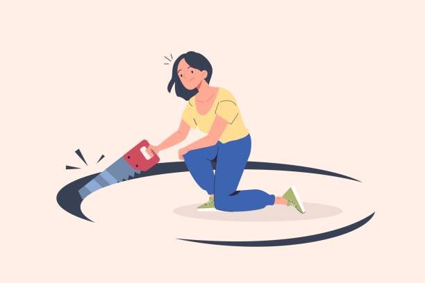 Illustration of a woman accidentally sawing a circle around herself, symbolizing how we invite trouble and overlook accountability.